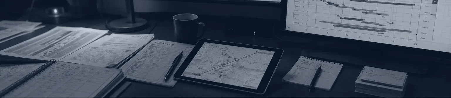 A flight operations specialist workplace: printed flight data, a chart tablet, a schedule on screen