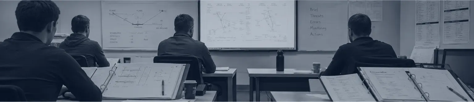 A crew training classroom: the session scenario on the board, participant workstations